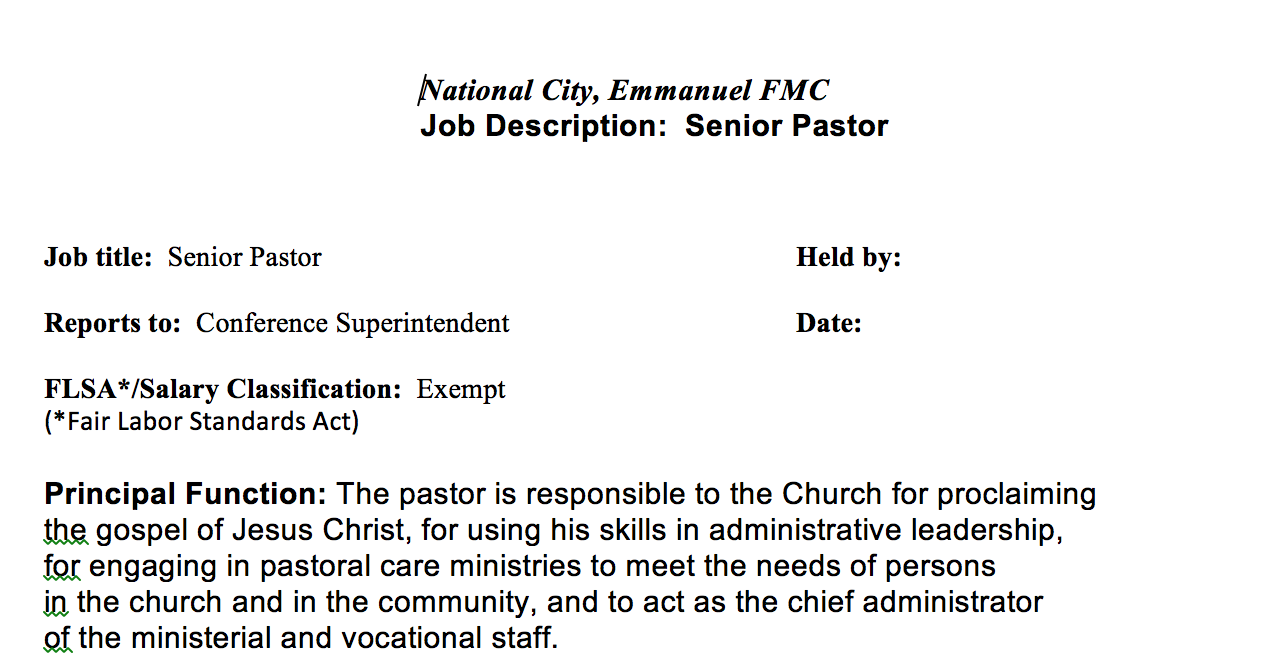 Senior Pastor Job Description « Free Methodist Church Legal Resources